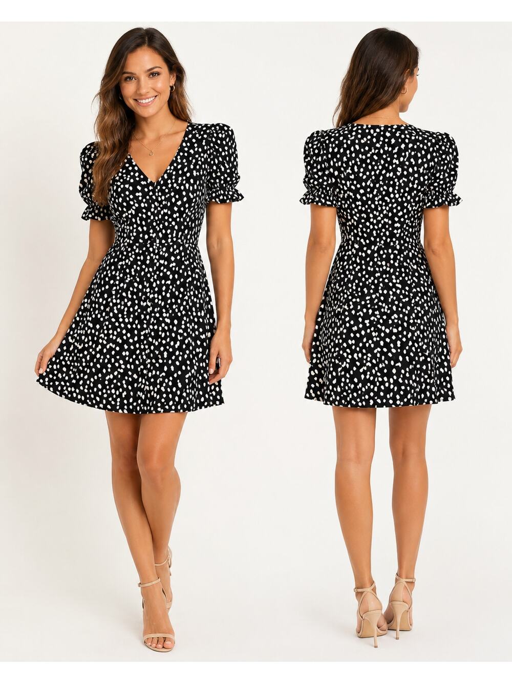 BaeVely Black White Puff Sleeve Dress NWOT Fit Flare Button Front